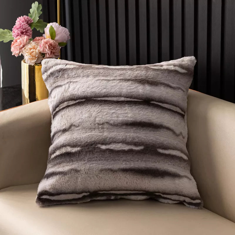 Striped Plush Rabbit Fur Throw Pillow Cover 18x18in Soft Cushion Case