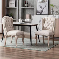 Set of 4 Wingback Tufted Upholstered Dining Chairs with Wood Legs – Linen Fabric - DSARD
