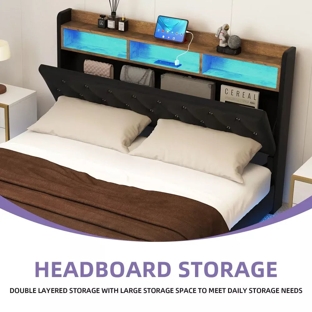 Queen Floating Bed Frame with LED, Crystal-Tufted Headboard & USB
