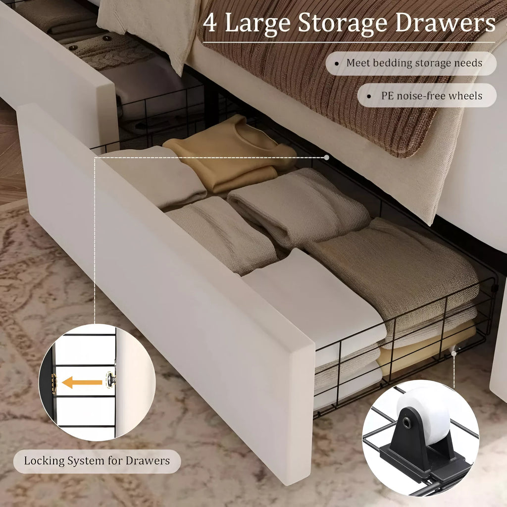 Queen Velvet Upholstered LED Bed Frame with 4 Drawers & Heart Shaped Headboard - DSARD