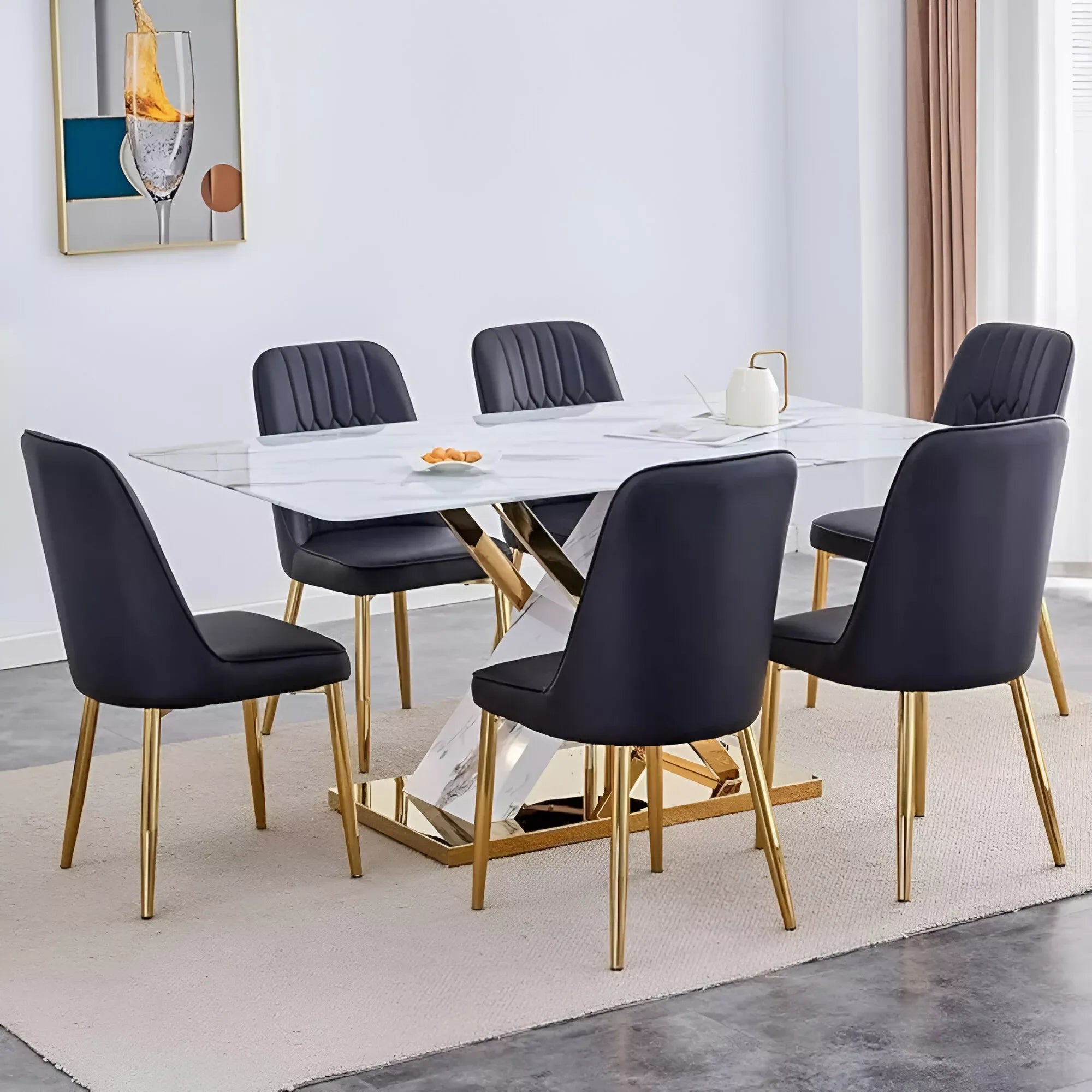 63″ White Faux Marble Dining Table Set for 6, Modern Dining Room Table and Chairs Set - DSARD - DSARD