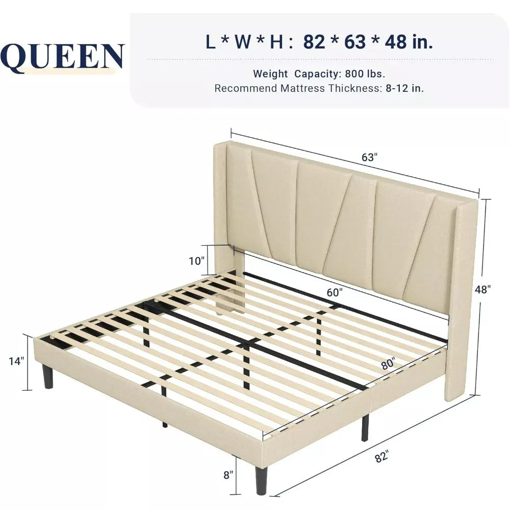 Queen Platform Bed with Geometric Wingback Headboard & Wood Slats