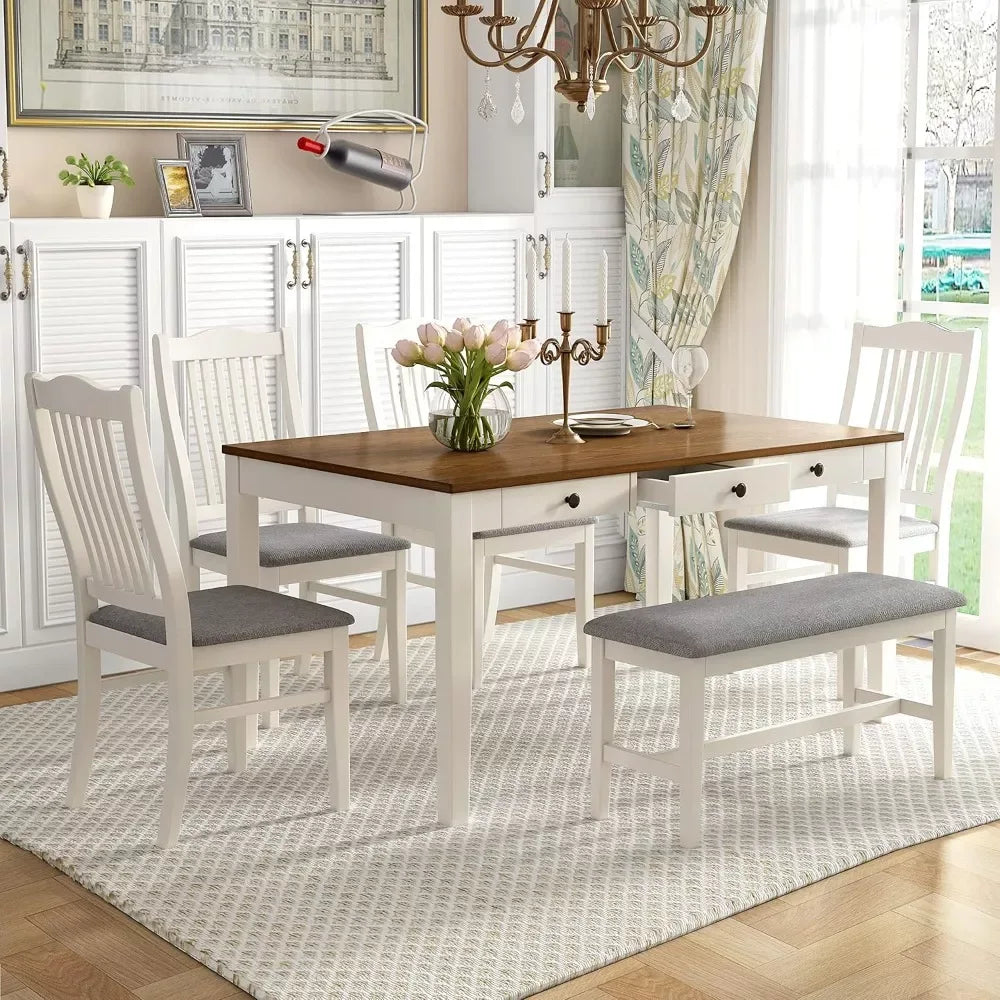 6-Piece Farmhouse Dining Table Set with 4 Upholstered Chairs and Bench - DSARD - DSARD