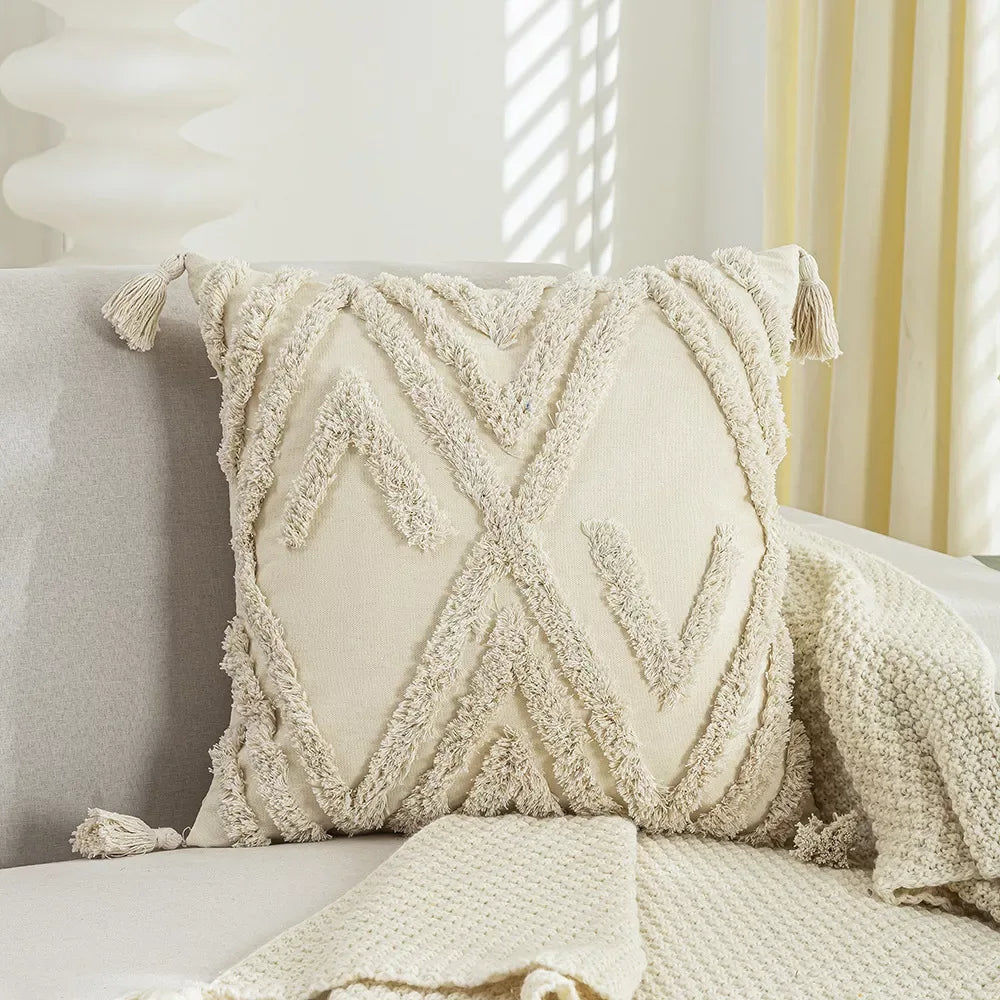 Bohemian Geometric Embroidered Tassel Pillow Cover 18×18 Inch - DSARD