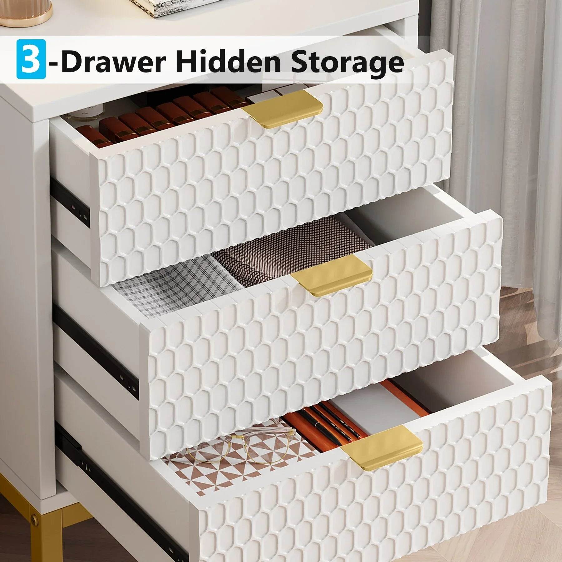 2-Pack Modern White & Gold Premium Nightstands with 3 Drawers – Contemporary Tall Bedside Tables