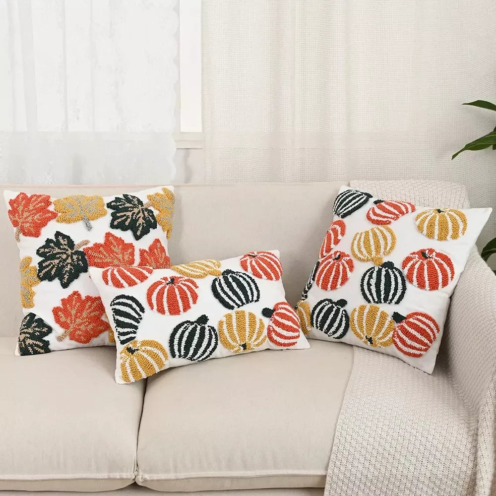 Retro Embroidered Pumpkin Maple Leaf Cushion Cover – Fall Inspired Pillowcase