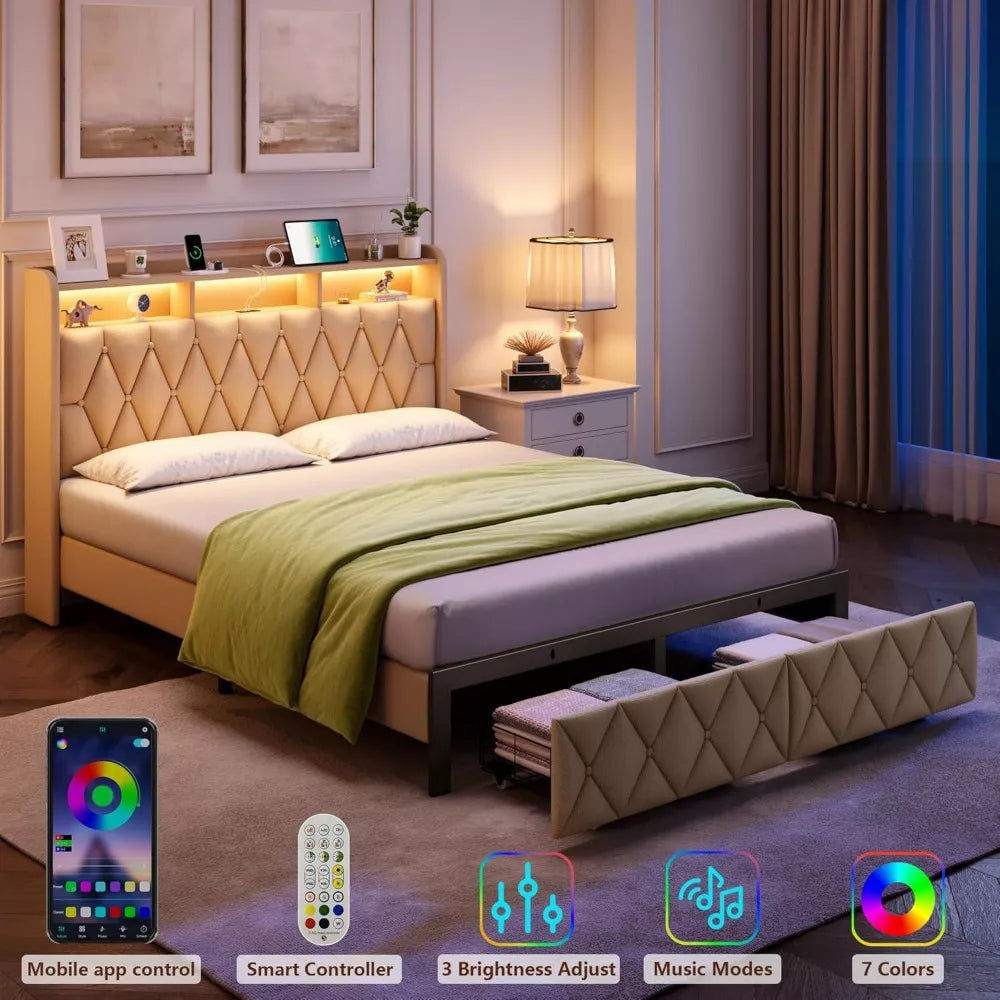 Queen Upholstered Bed with Storage Drawers, LED Headboard & Charging
