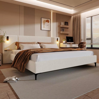 Modern Upholstered Bed Frame with Boucle Headboard, Storage & LED Lights - DSARD