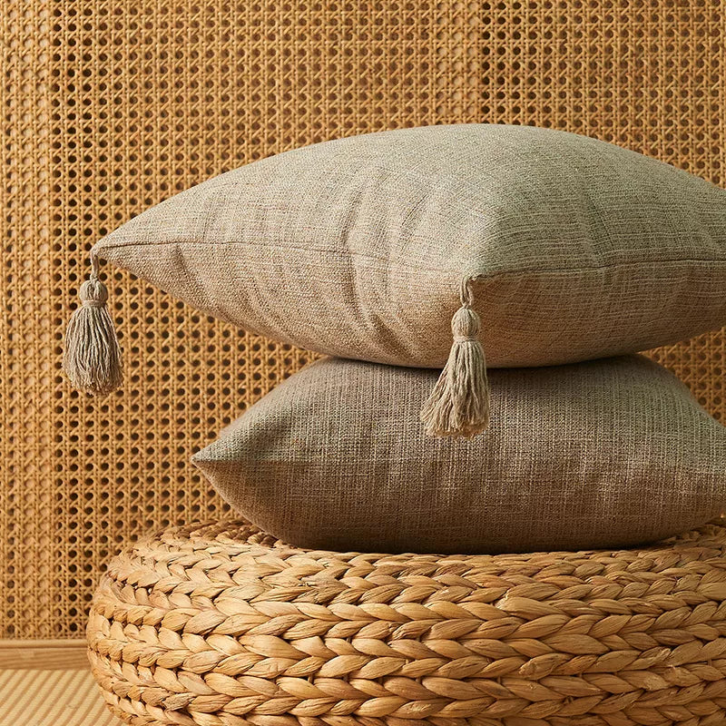 Set of 2 Rustic Linen Throw Pillow Covers with Tassels