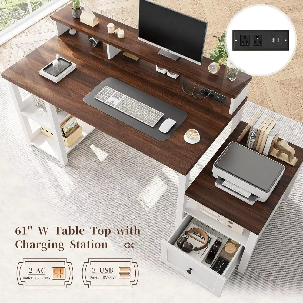 Farmhouse L-Shaped Computer Desk with Drawers, Shelves & Power Outlets - DSARD - DSARD