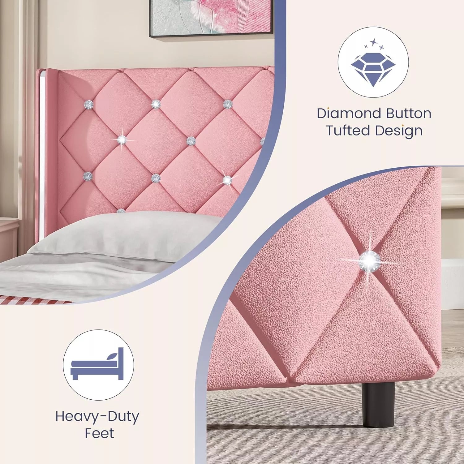 Queen Upholstered Bed Frame with Diamond Tufted Headboard