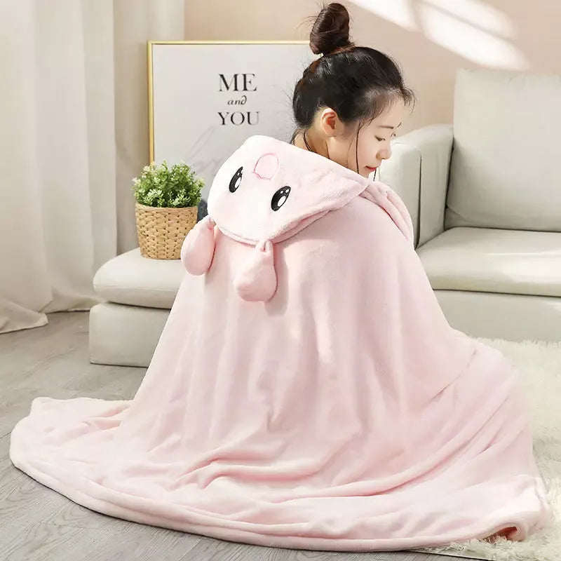 Cozy Cartoon Hooded Blanket – Wearable Coral Velvet Throw for Adults & Kids