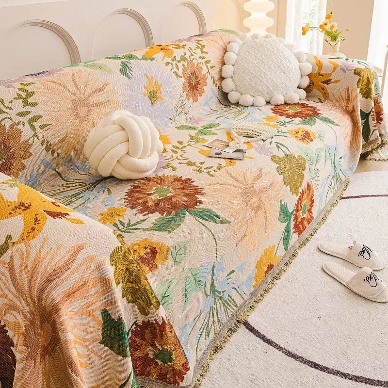 Boho Chenille Floral Sofa Throw Blanket with Tassels – All-Inclusive Anti-Scratch Cover - DSARD