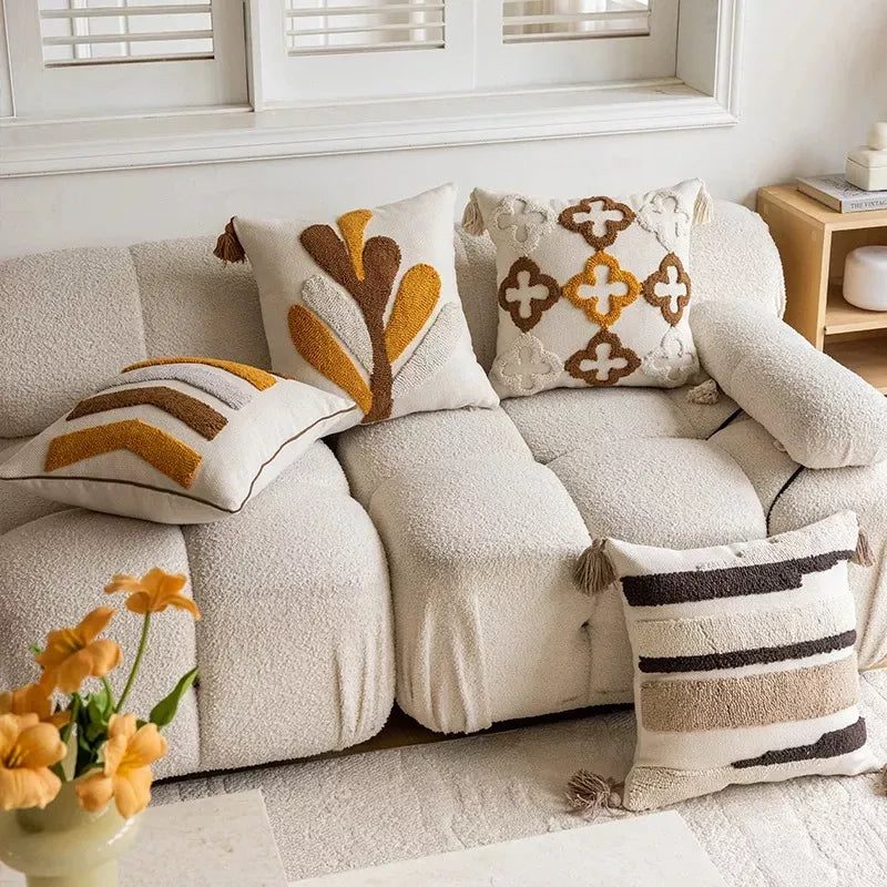 Retro Geometric Embroidered Cotton Canvas Pillow Cover 18x18in