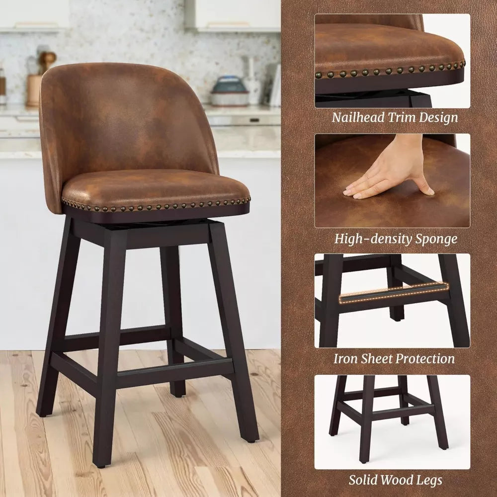 Swivel Faux Leather Counter Height Bar Stools with Back and Nailhead Trim - DSARD