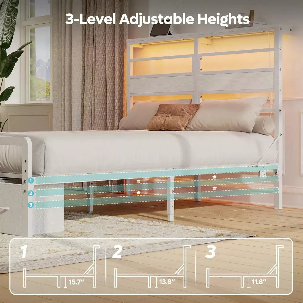 Queen Metal Bed Frame with LED Storage Headboard, Drawers & Charging