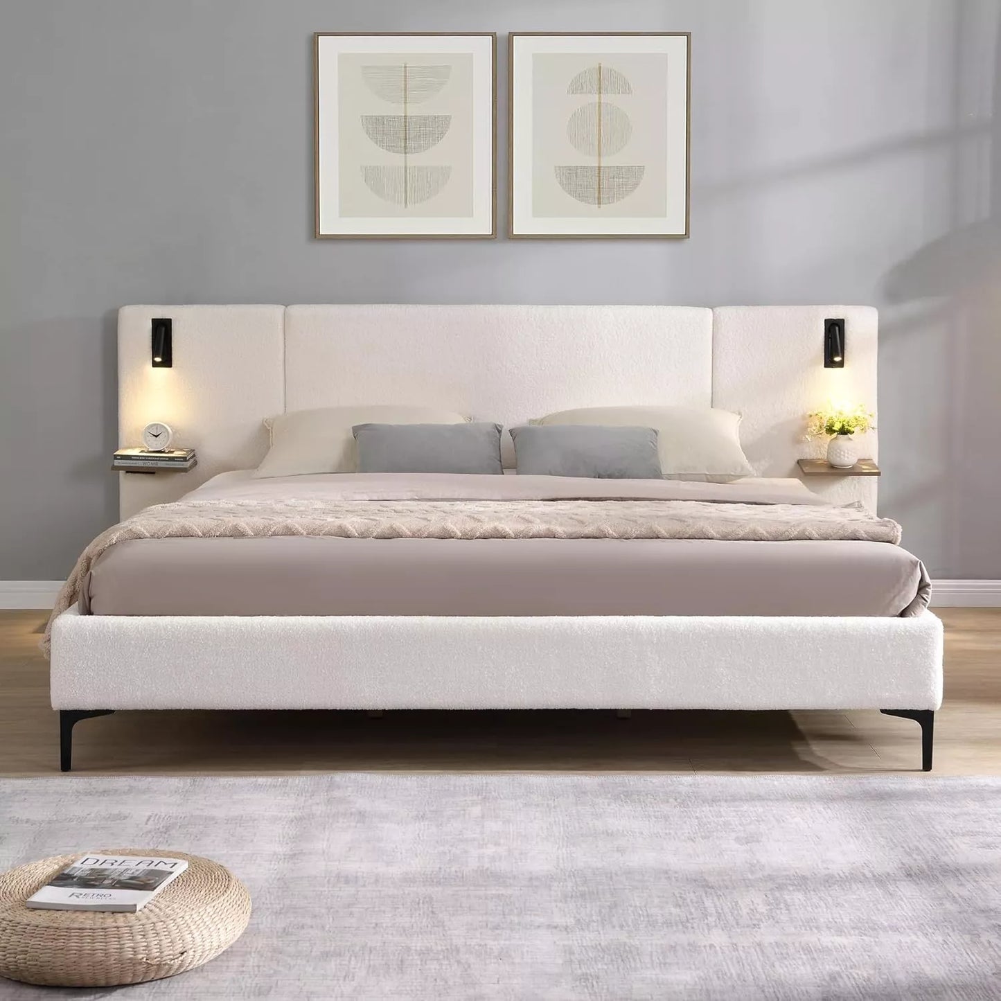 Modern Upholstered Bed Frame with Boucle Headboard, Storage & LED Lights - DSARD