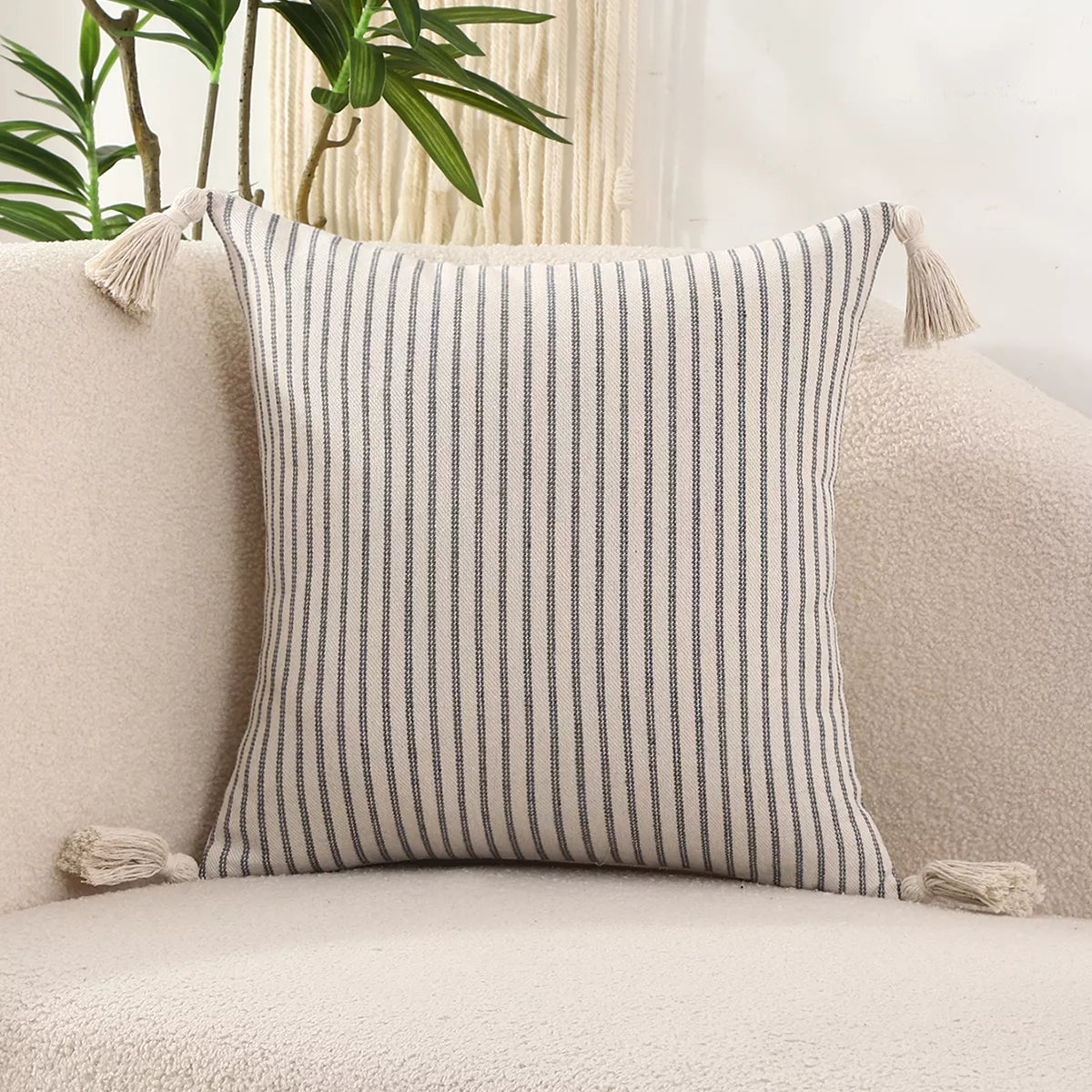 Striped Linen Throw Pillow Cover with Tassels – Chic Home Accent