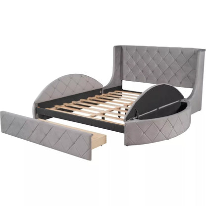 Queen Size Velvet Platform Bed Frame with Storage and Wingback Headboard - DSARD