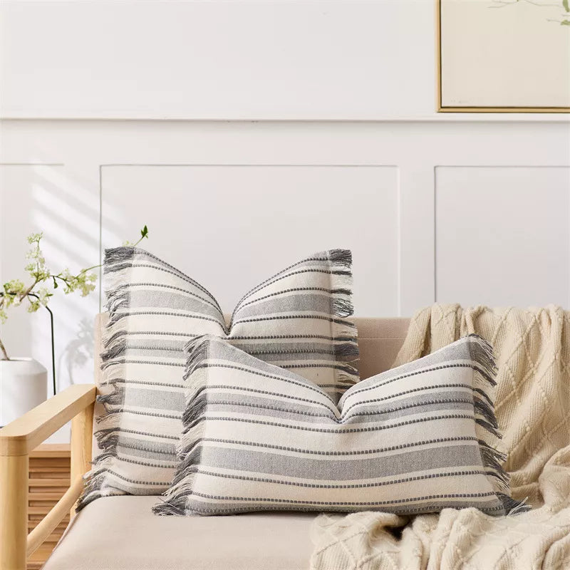 Striped Jacquard Tassel Pillow Cover – Cozy Cotton Blend Cushion for Home Décor