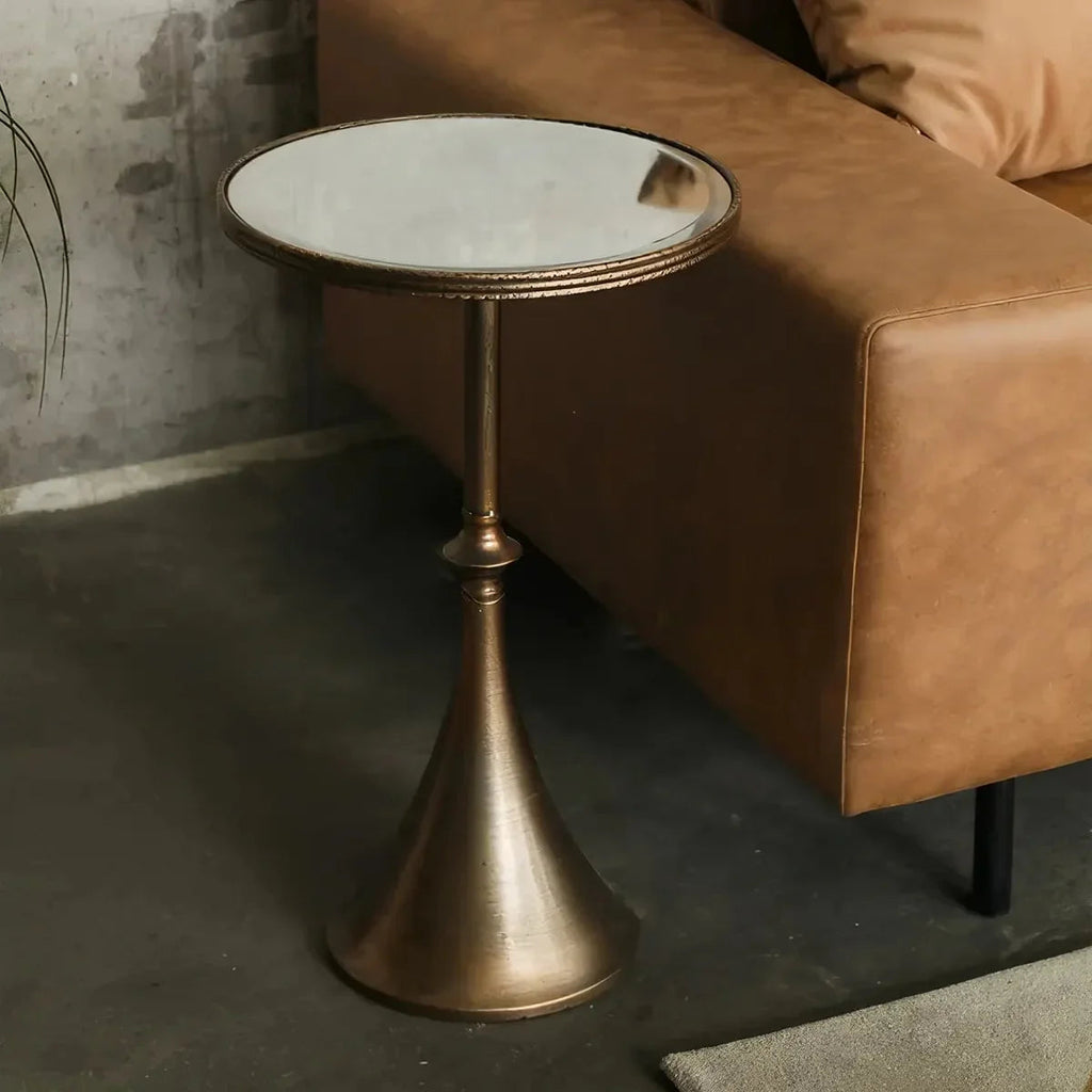 Scandinavian Round Mirror Glass Side Table – Retro Metal Art