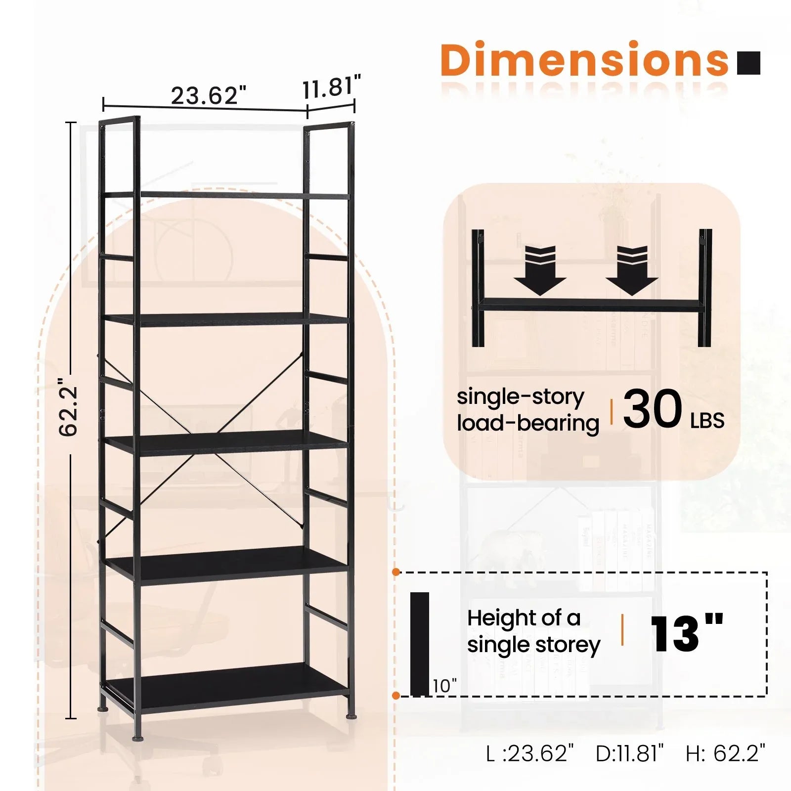 5 Tier Modern Bookshelf - Space-Saving Corner Storage Organizer for Home & Office - DSARD