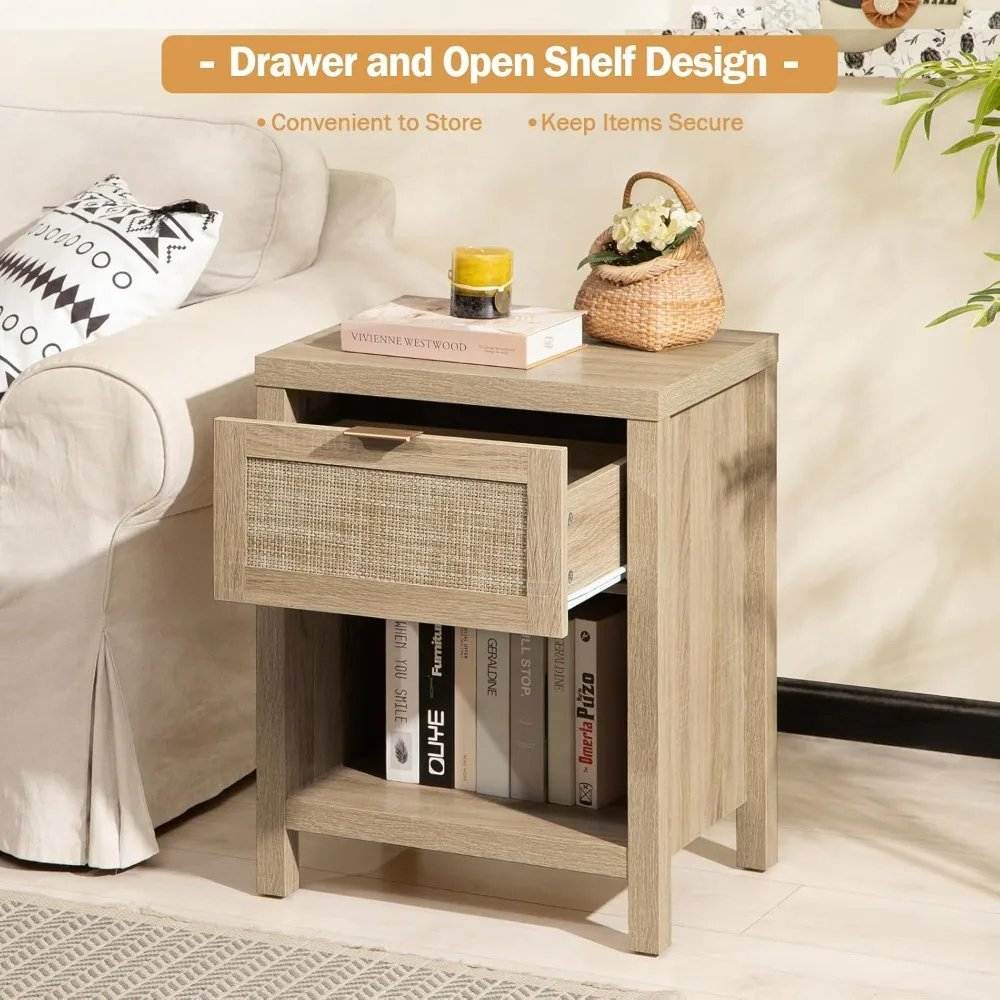 Rattan Premium Nightstands Set of 2 – Farmhouse Boho Bedside Tables with Drawer & Shelf