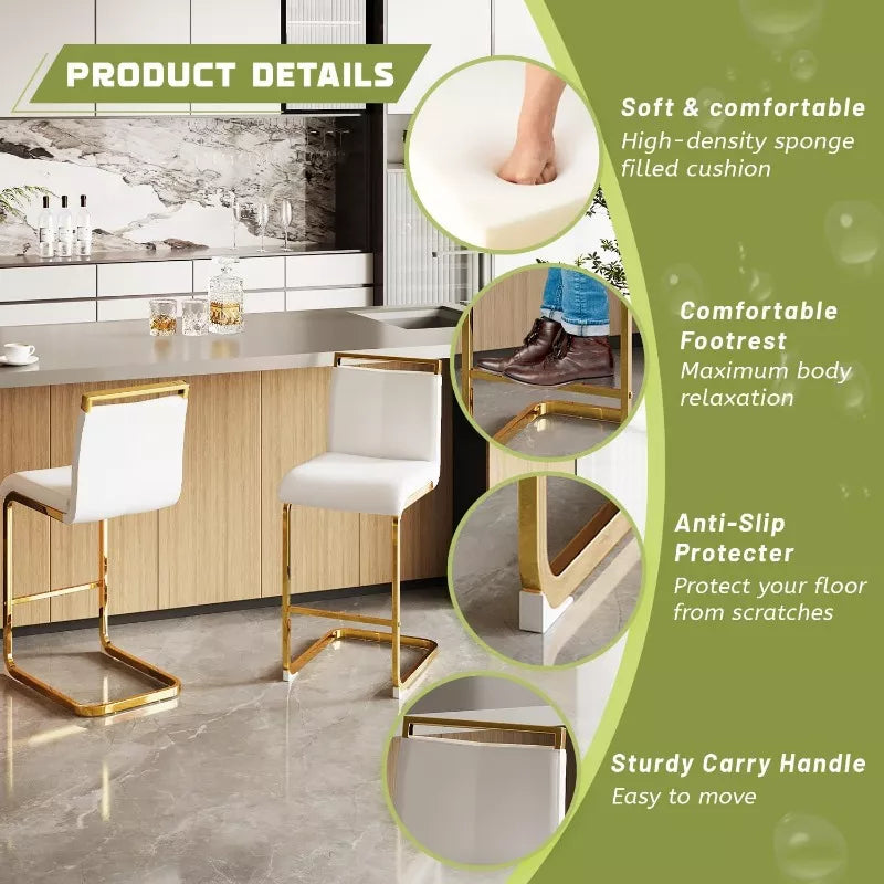 Gold Bar Stools Set of 4 with Back, 24″ White Island Chairs with Gold Legs - DSARD