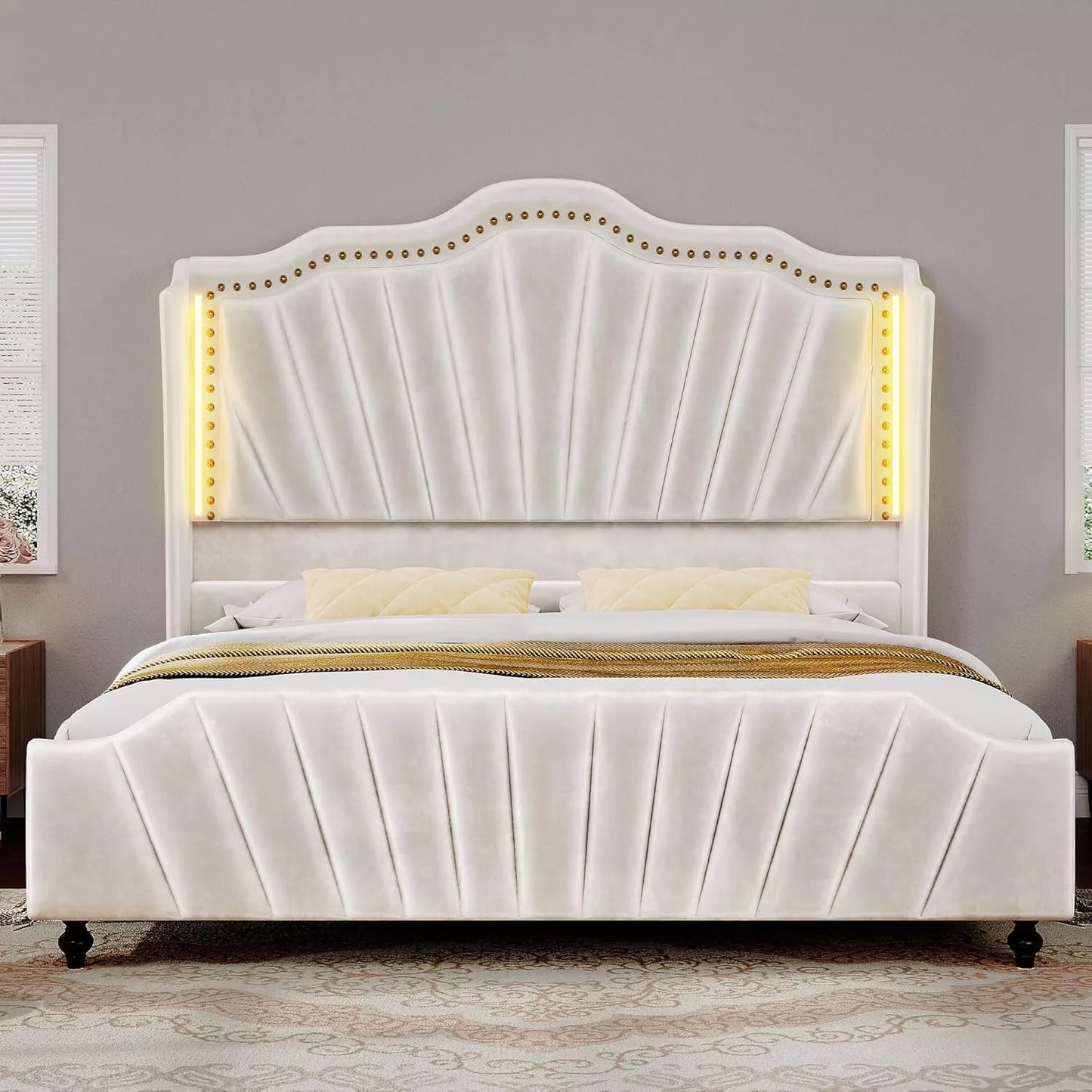 King Size Velvet Platform Bed Frame with 60″ Tall Headboard & LED Lights - DSARD