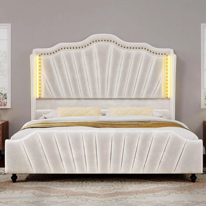 King Size Velvet Platform Bed Frame with 60″ Tall Headboard & LED Lights - DSARD