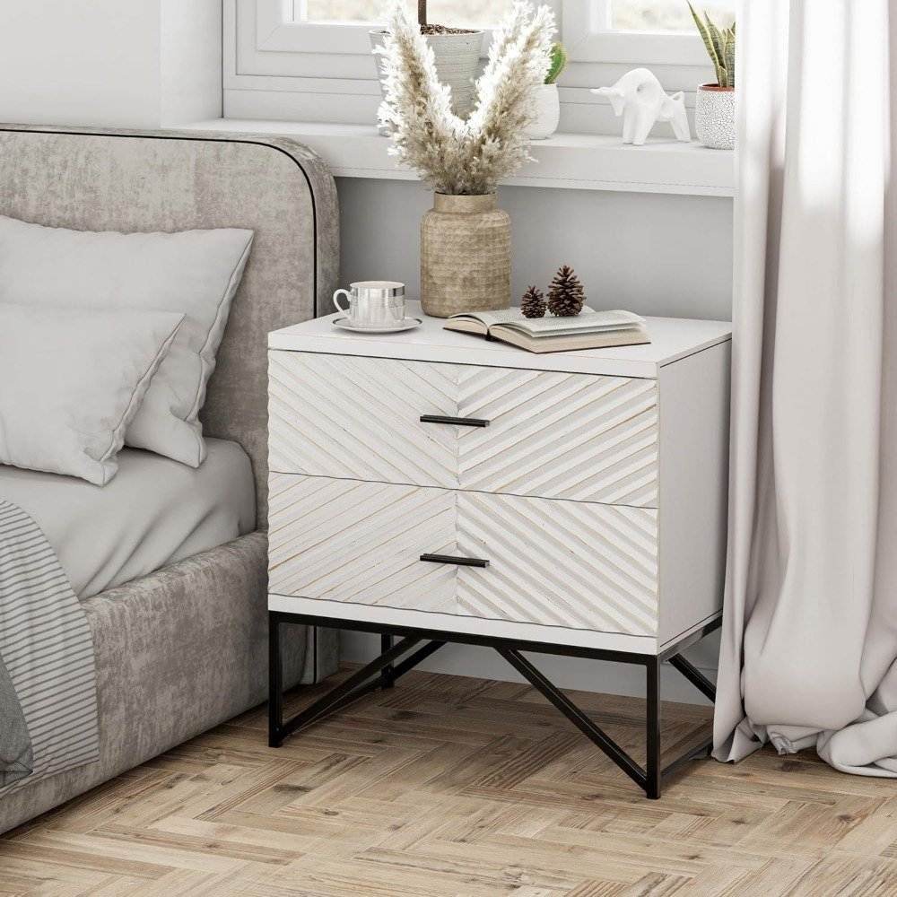 Set of 2 Modern 2-Drawer Premium Nightstands with Black Metal Base