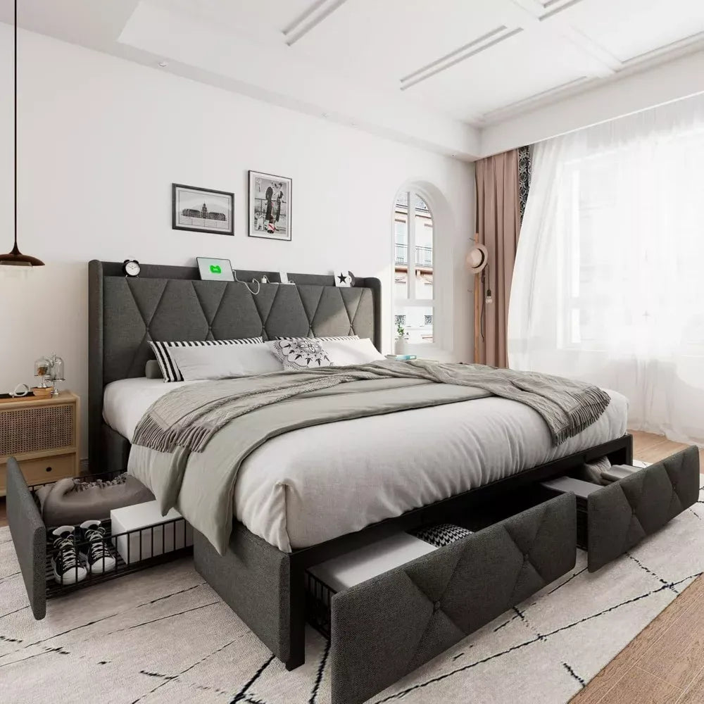 King Size Bed Frame with 4 Storage Drawers, Wingback Headboard & Charging Station - DSARD