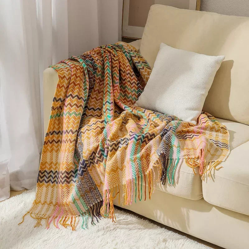 Ethnic Style Woven Sofa Blanket with Wavy Tassels – Cozy Shawl Throw Blanket for Home and Outdoor Use - DSARD