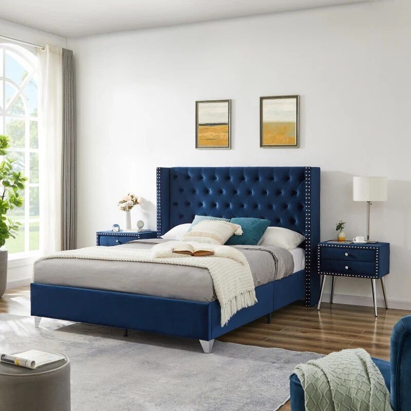 Luxury King-Sized Bed Set with Upholstered Headboard and Matching Nightstands