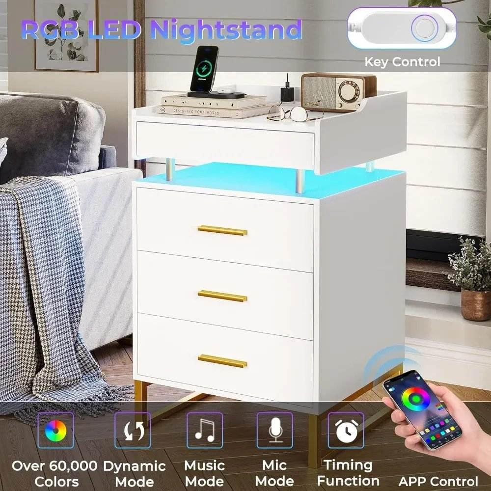 Set of 2 LED Premium Nightstands with 3 Drawers, Pull-Out Tray & Charging Station