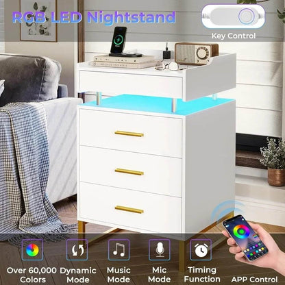Set of 2 LED Premium Nightstands with 3 Drawers, Pull-Out Tray & Charging Station