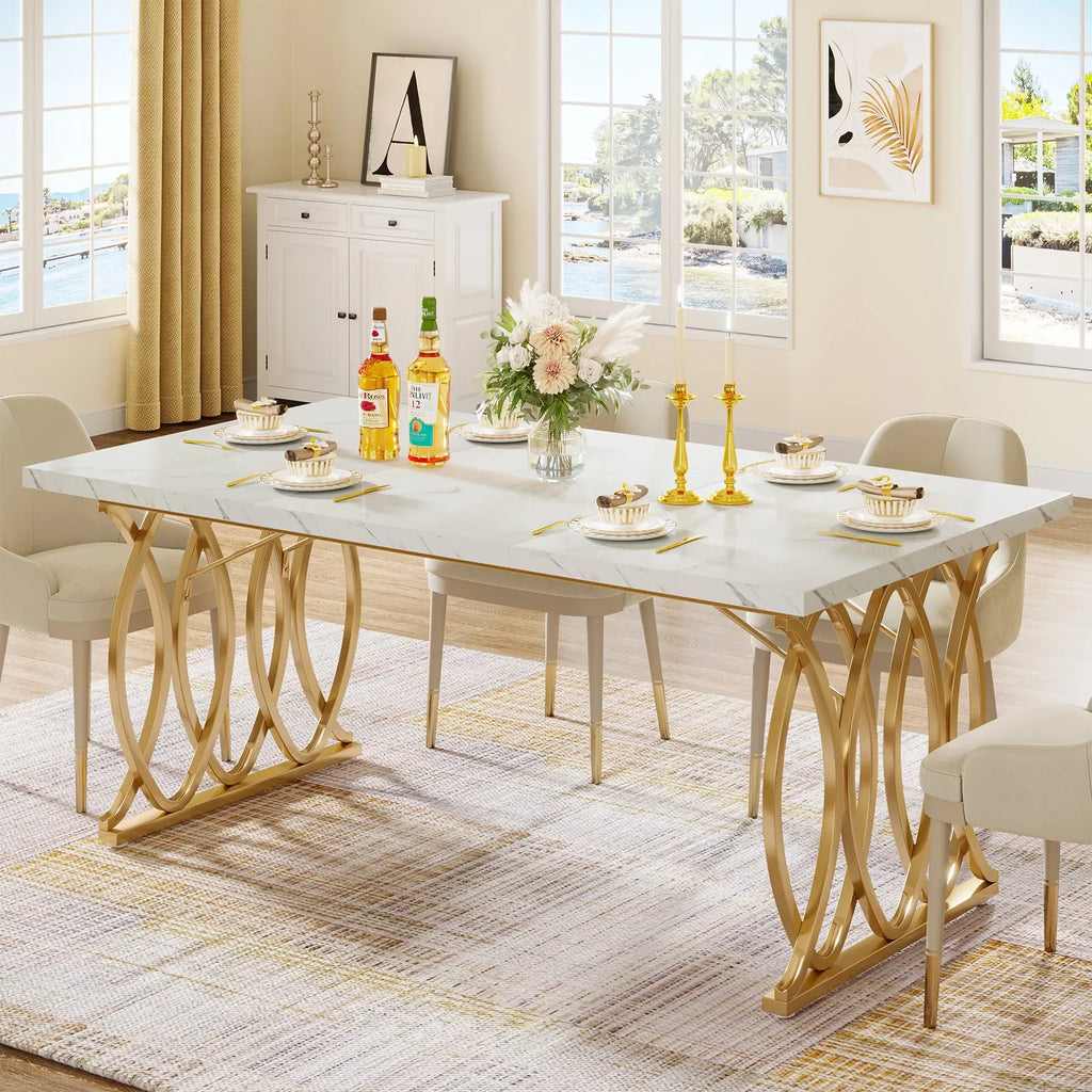 63″ Rectangular Dining Table with Faux Marble Top and Gold Metal Legs - DSARD - DSARD