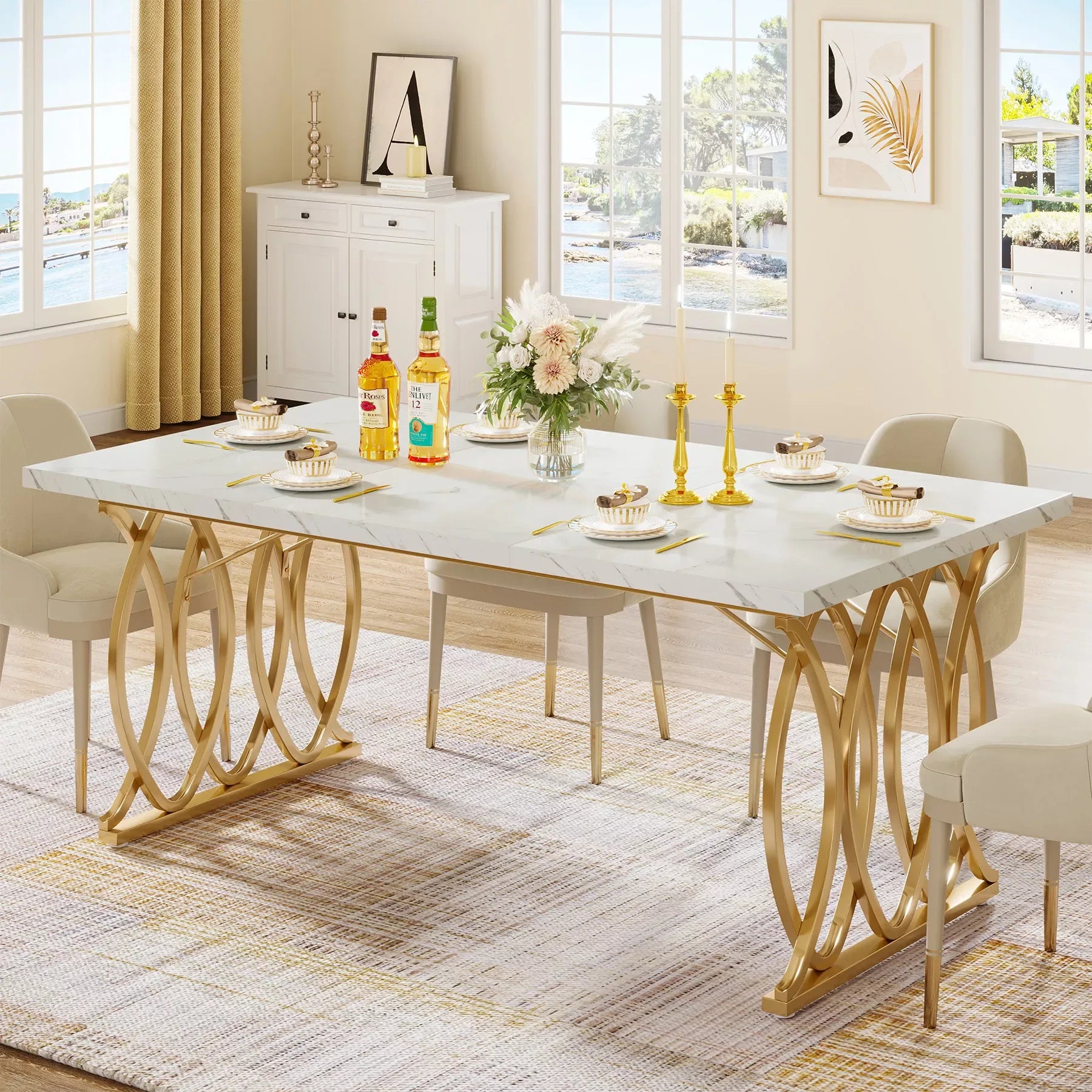 63″ Rectangular Dining Table with Faux Marble Top and Gold Metal Legs - DSARD - DSARD