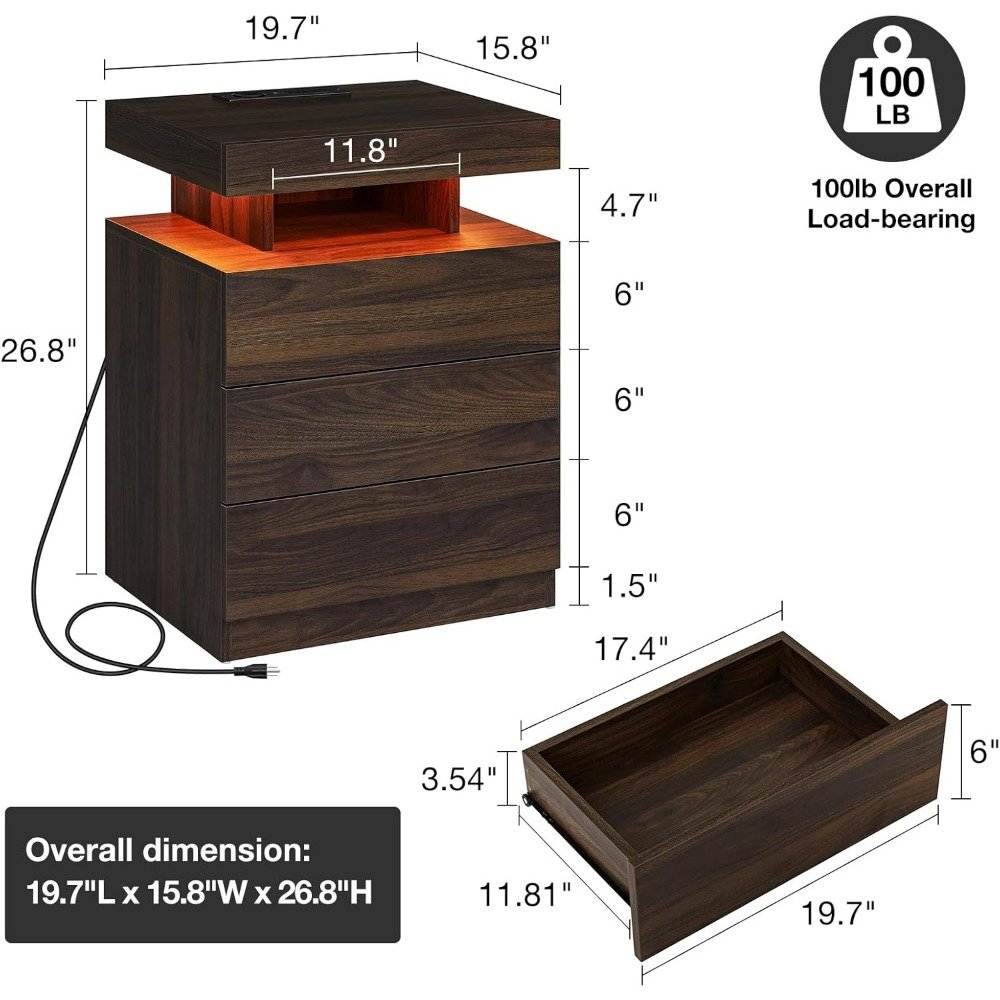 Set of 2 LED Premium Nightstands with Wireless Charging and RGB Lighting
