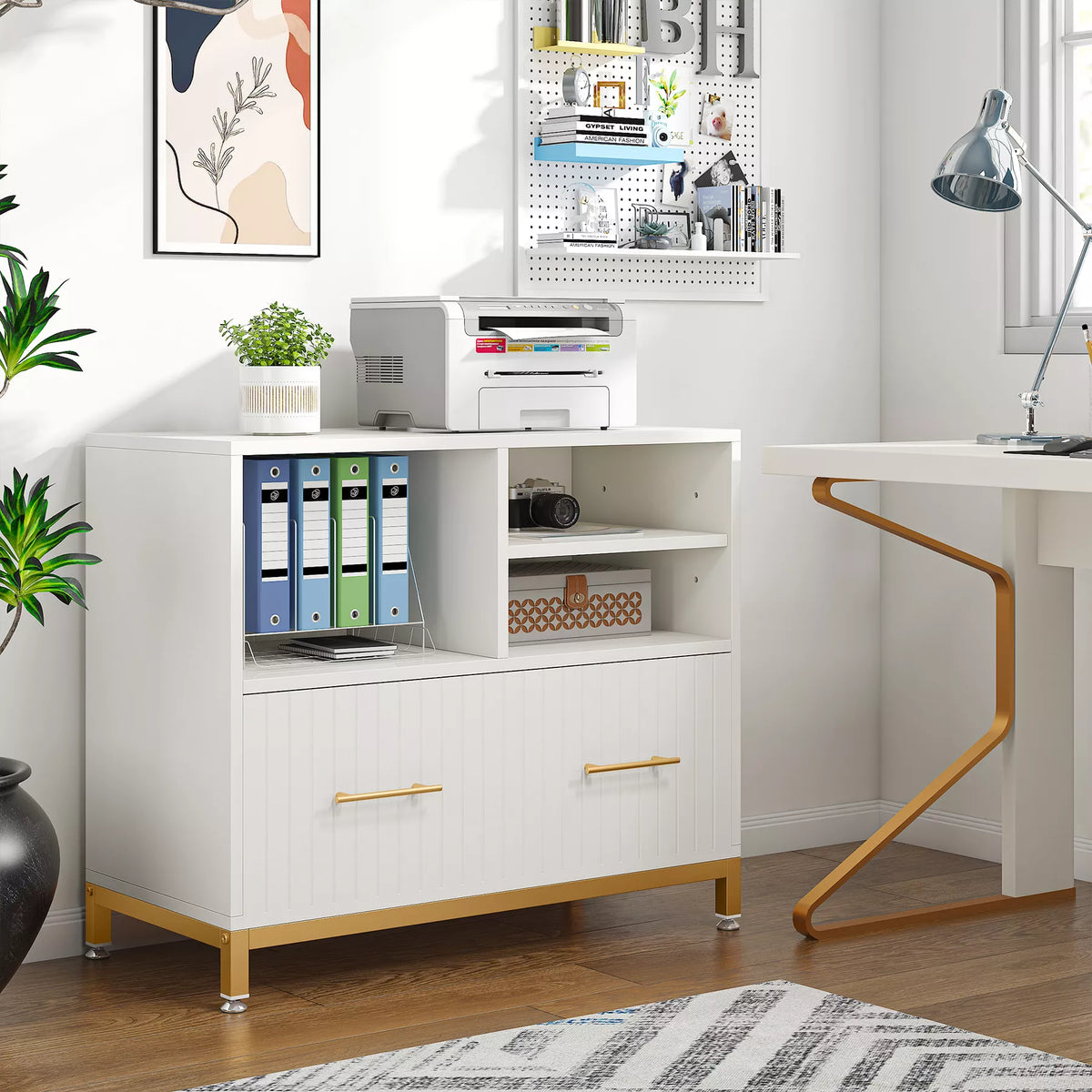 Modern White Lateral File Cabinet with Drawer and Adjustable Storage