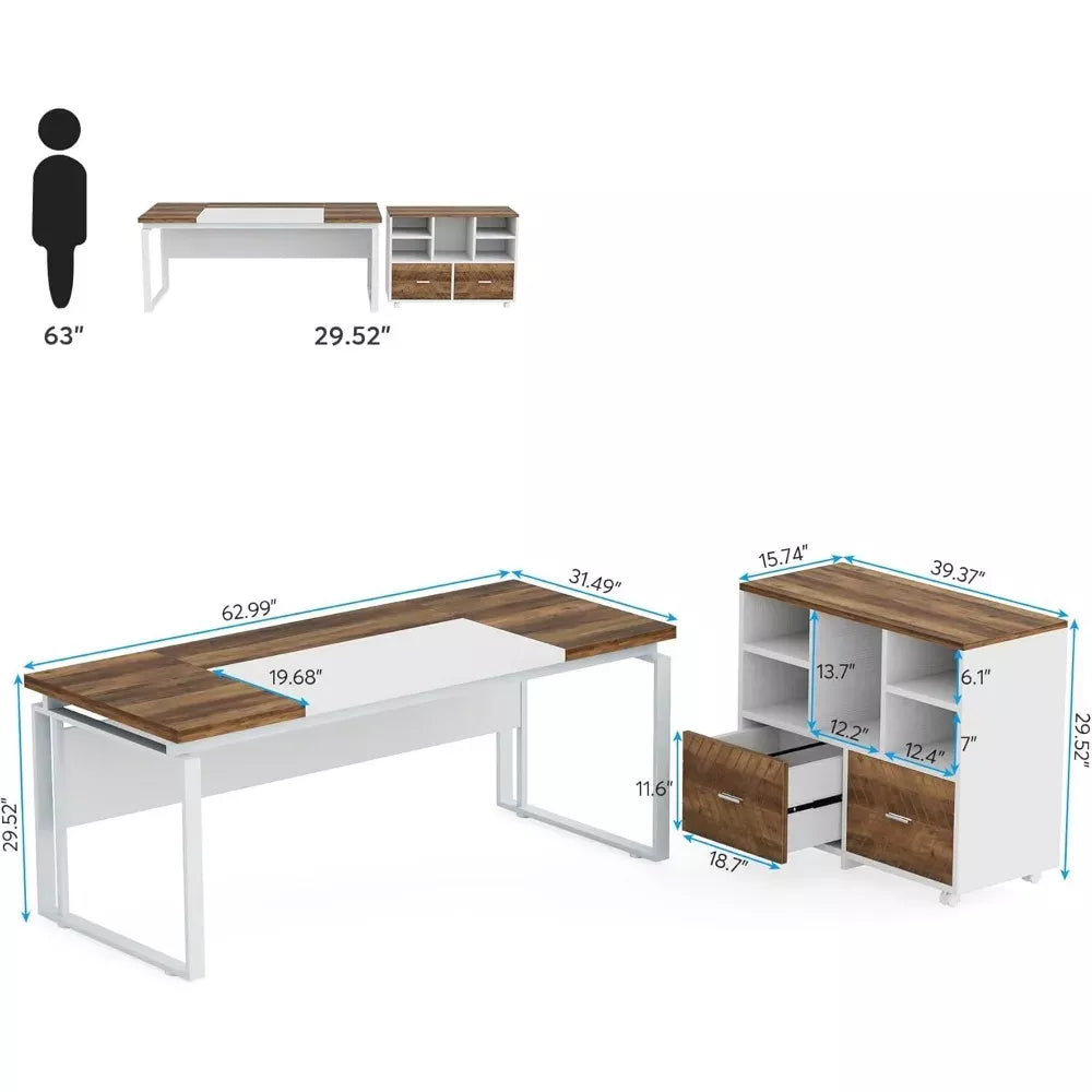 Modern L-Shaped Office Desk Set with Drawers and File Cabinet - DSARD