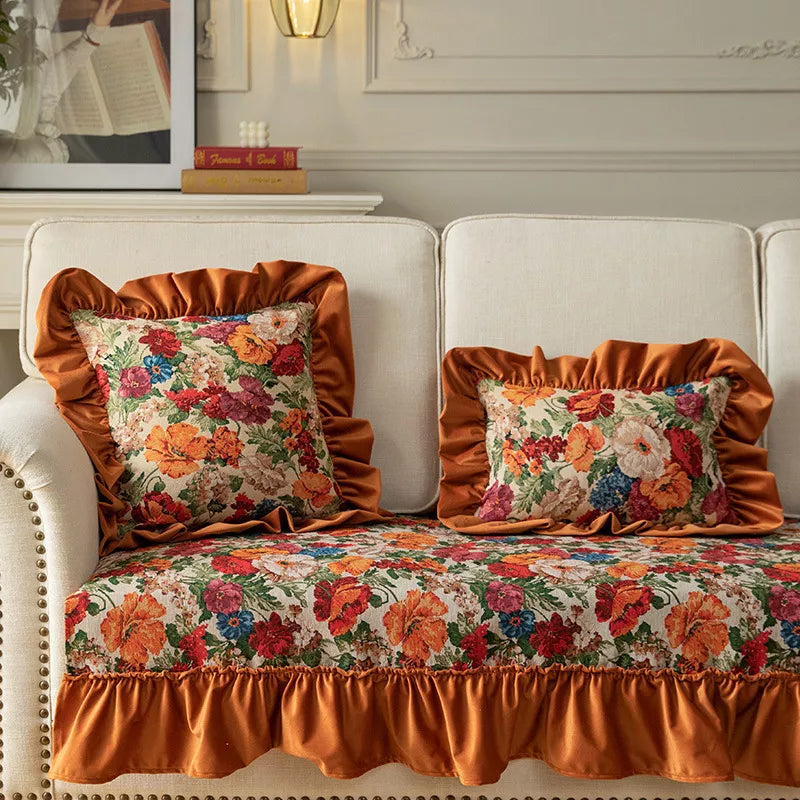 Velvet Ruffle Floral Cushion Cover – Orange & Dark Green Vintage Accent Pillow