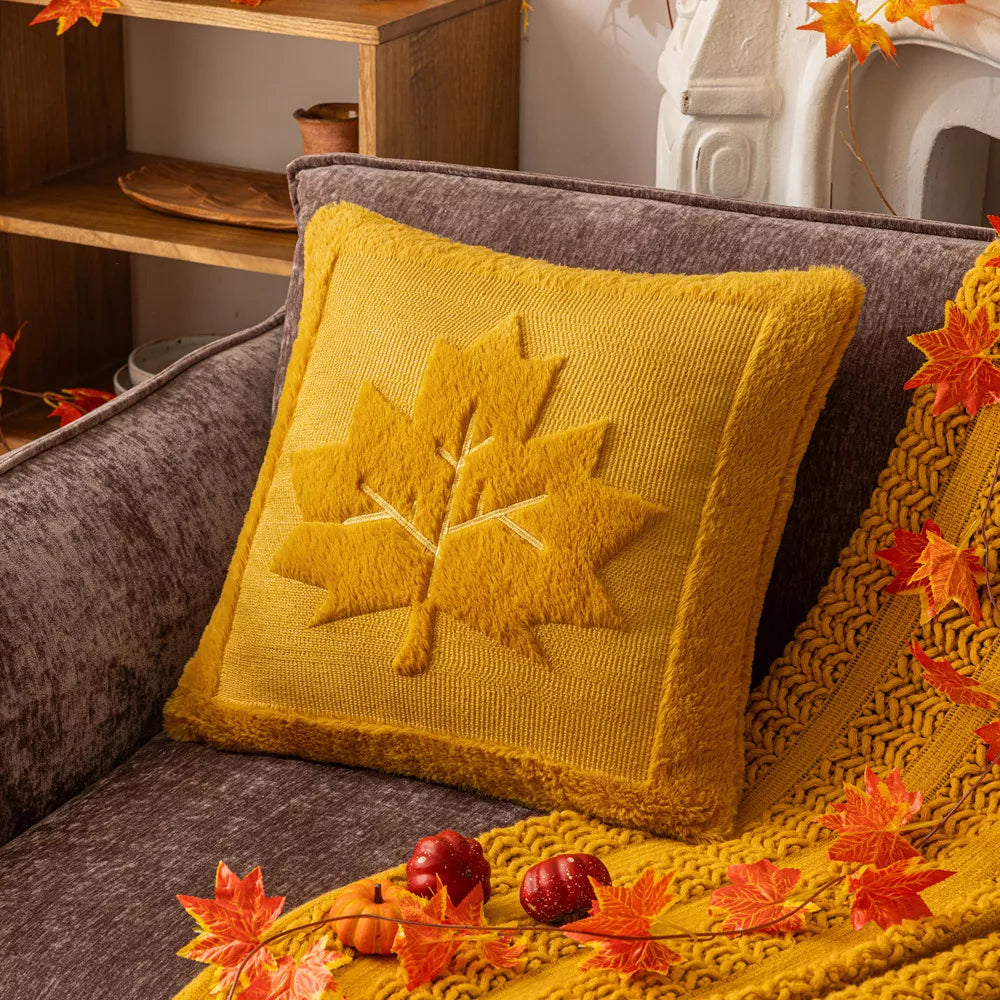 Plush Pumpkin Leaf Cushion Cover – Autumn Faux Fur Pillow Case 18×18 Inc