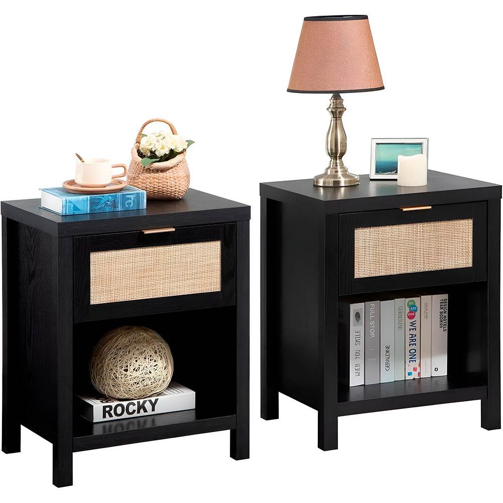 Rattan Premium Nightstands Set of 2 – Farmhouse Boho Bedside Tables with Drawer & Shelf