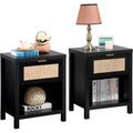 Rattan Premium Nightstands Set of 2 – Farmhouse Boho Bedside Tables with Drawer & Shelf