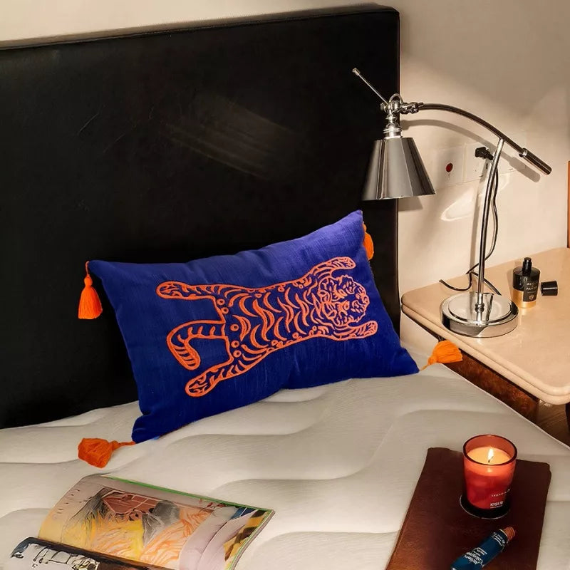 Retro Tiger Embroidered Velvet Cushion Cover