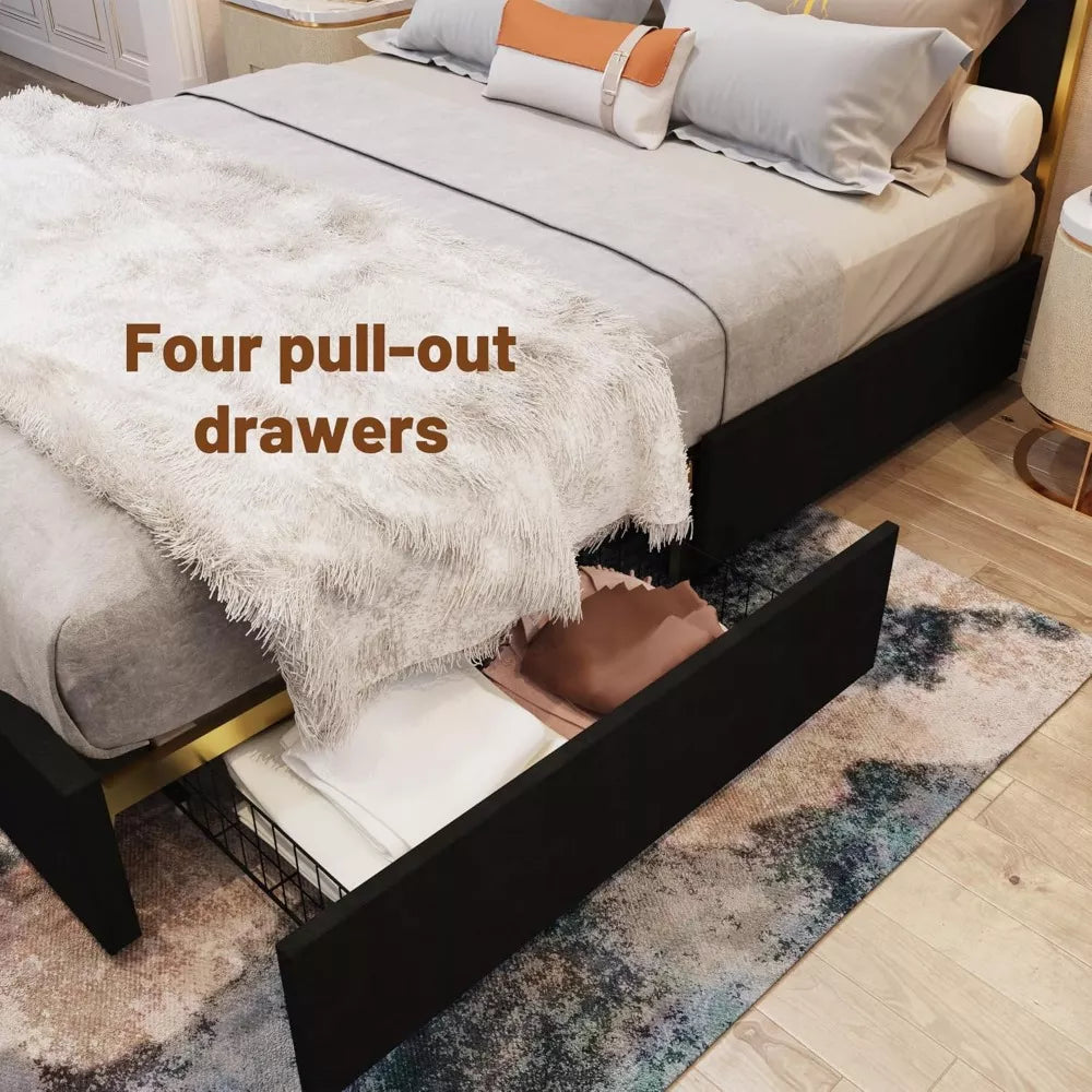 Queen Velvet Bed with 59" High Headboard, Gold Accent & Storage