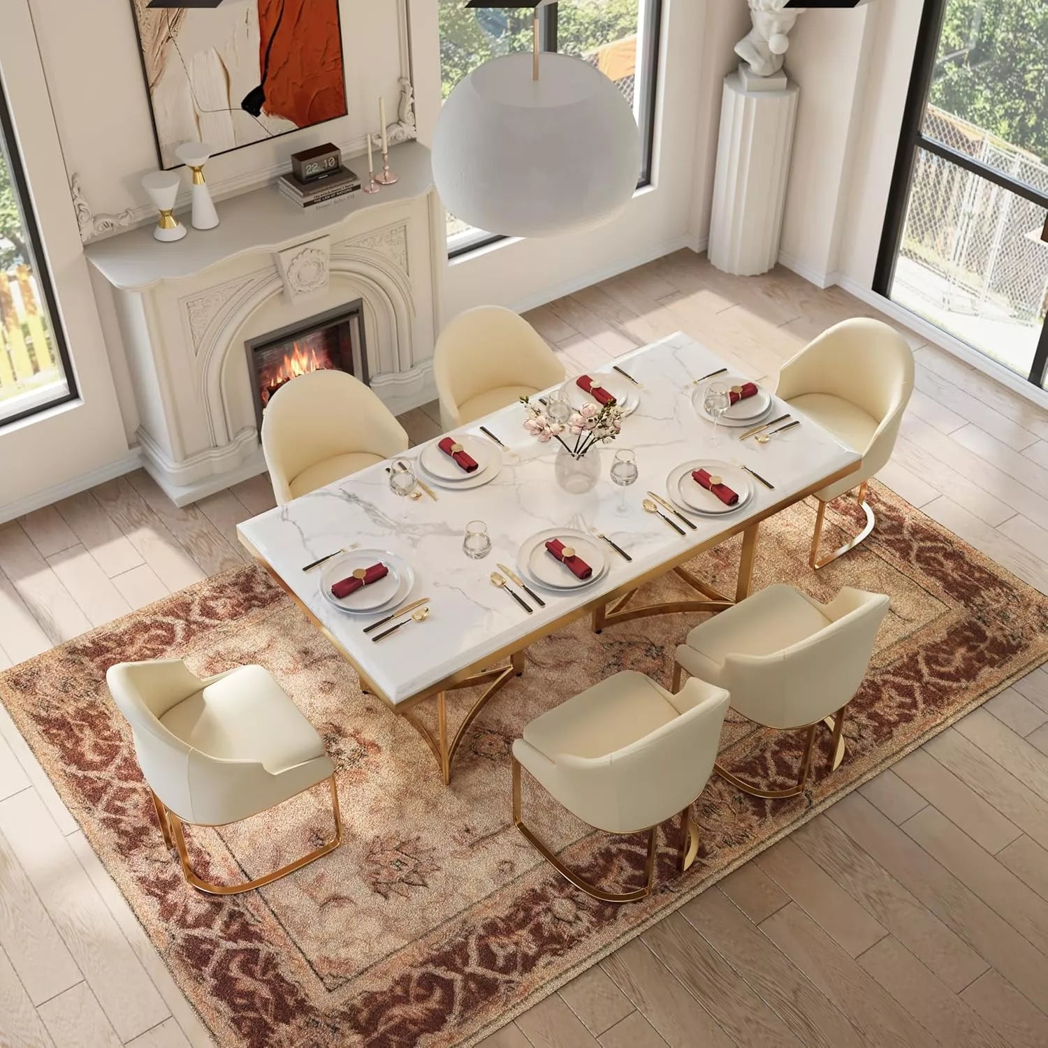 Luxury White Marble Dining Table for 6 with Gold Legs – 71″ Modern Design - DSARD