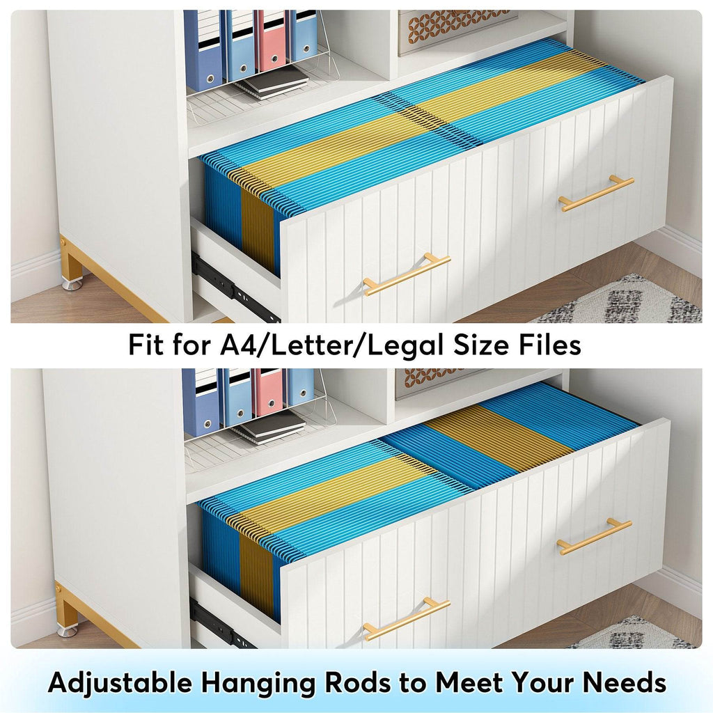 Modern White Lateral File Cabinet with Drawer and Adjustable Storage