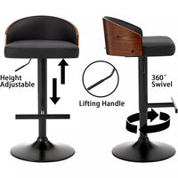 Set of 2 Adjustable Swivel Bar Stools, Cat Scratch Resistant Faux Leather, Wooden Backrest, Black Footrest - DSARD